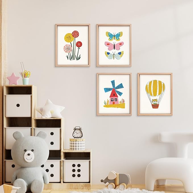 VONTP Kids Classroom Wall Art Decor, Eclectic Retro Floral Hot Air Balloon Butterfly Nursery Prints Poster Wall Decorations for Kids Room Bedroom Playroom Classroom, 8x10 Inch Set of 4 (Unframed)