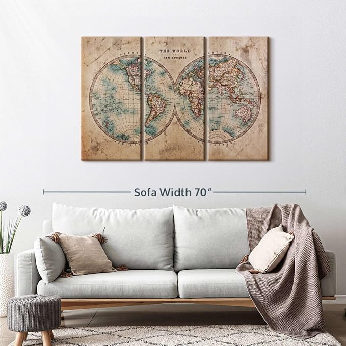 ElephantStock Hemisphere Map Wall Art Multi Piece Canvas - 3 Piece Canvas World Map Wall Decor - Wall Decor - Vintage Wall Art - 50" X 32"