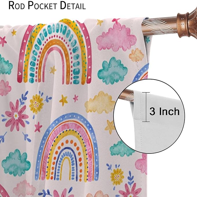 Kids Rainbow Curtains Boho Cartoon Colorful Stars Pink Lovely Rainbow Abstract Art Pattern Print Window Drapes for Bedroom Living Room Kitchen Decor,2 Panel Set,63x63 Inch Blackout