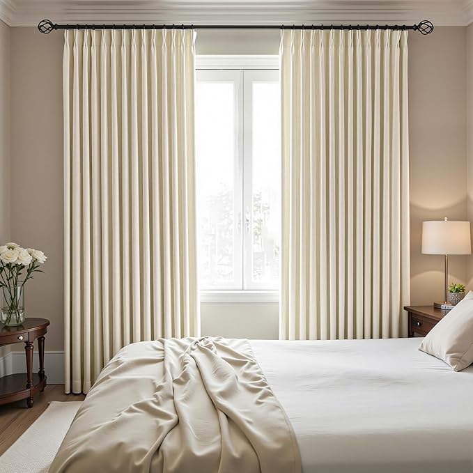 IVAPUPU Cream Beige Pinch Pleated Full Blackout Linen Curtains for Bedroom, Black Out Curtains 90 Inches Long for Living Room Darkening Thermal Insulated Neutral Pleat Drapes with 16 Hooks, 2 Panels
