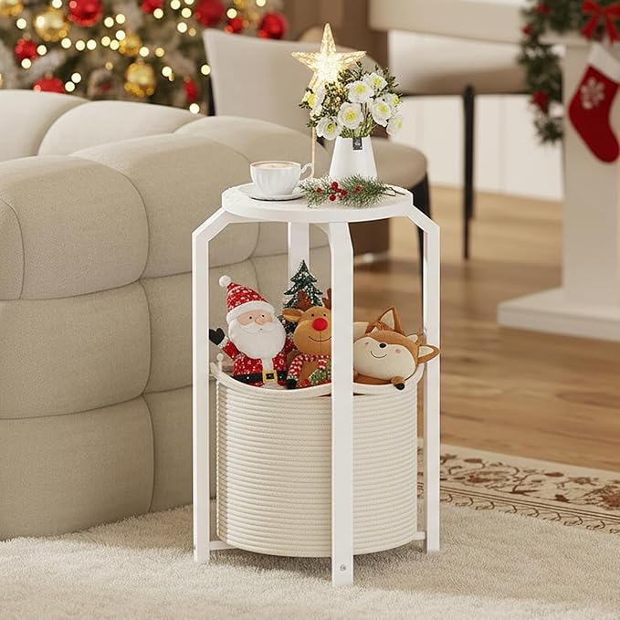 TUTOTAK Small Side Table, Round End Table, Night Stand, Bedside Table, Sofa Table with Storage Basket, Living Room, Bed Room, White TB01BW092