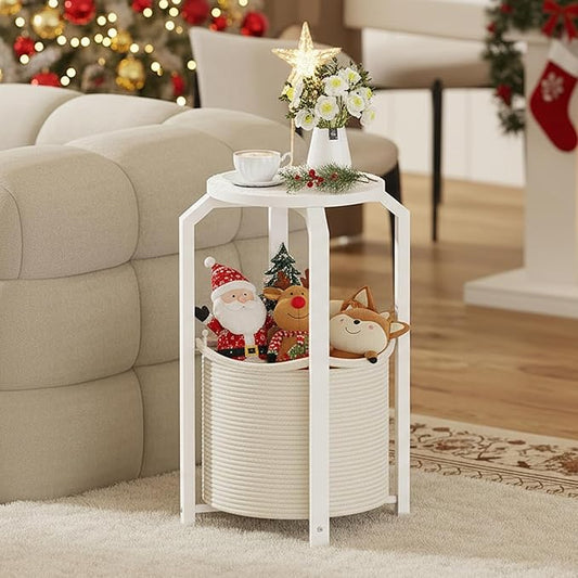 TUTOTAK Small Side Table, Round End Table, Night Stand, Bedside Table, Sofa Table with Storage Basket, Living Room, Bed Room, White TB01BW092
