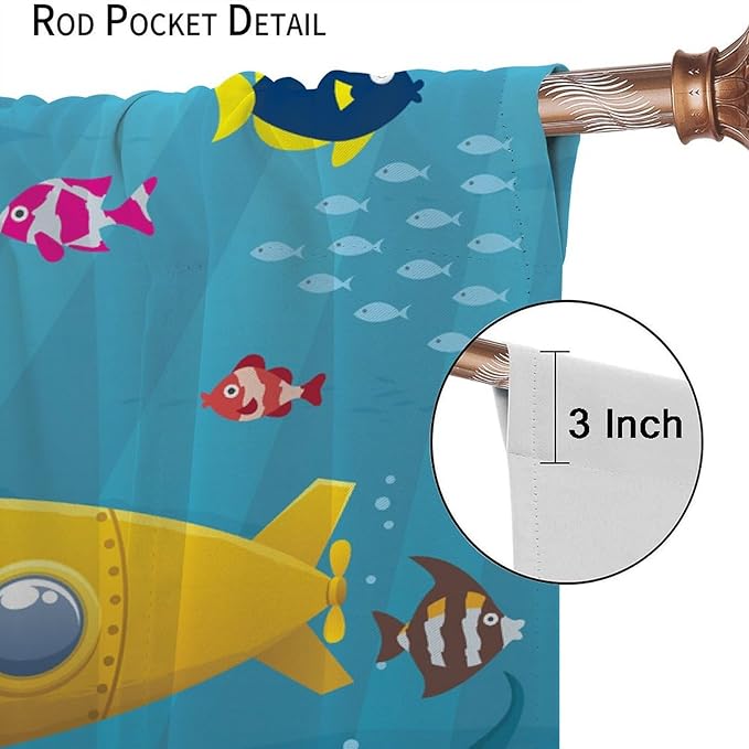 Boy Window Curtains Submarine Window Drapes Yacht Window Treatments Underwater World Oasis Thermal Drapes for Kids Girls Toddler Teens Room Dorm Decor Set 2 Panels,63x63 Inches