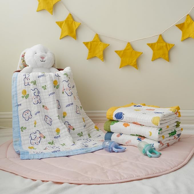 Muslin Baby Blankets, Nursery Blankets for Boys Girls, Swaddle Blankets Neutral Soft Lightweight Toddler and Kids Throw Blankets (Lemon Bunny)