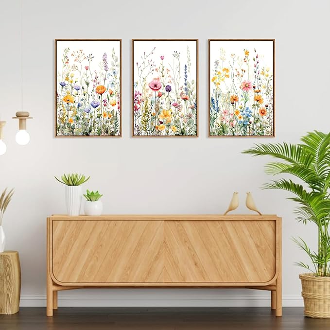FWIEXA Floral Canvas Wall Art, Framed Wildflower Pictures Wall Decor, Large Flower Prints, Colorful Botanical Artwork, Watercolor Painting 3 Panel 24x36 Inches for Living Room, Bedroom, Office, Home