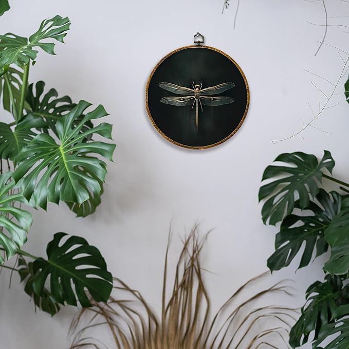 Hiuwevt Dark Dragonfly Round Wall Art Decor, Vintage Dark Academic Dragonfly Framed Canvas Prints, Gothic Dragonflies Round Wall Hanging Decor for Home Room Decorations, 10x10 Inches