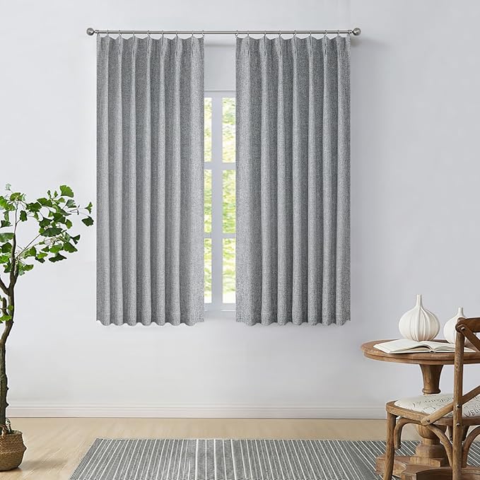 Dark Gray Pinch Pleat Blackout Curtain Panels with Full Blackout Liner Linen Texture Thermal Insulated Window Treatment Drapes with Back Tab for Living Room Bedroom with 9 Hooks, 40"x63"x2
