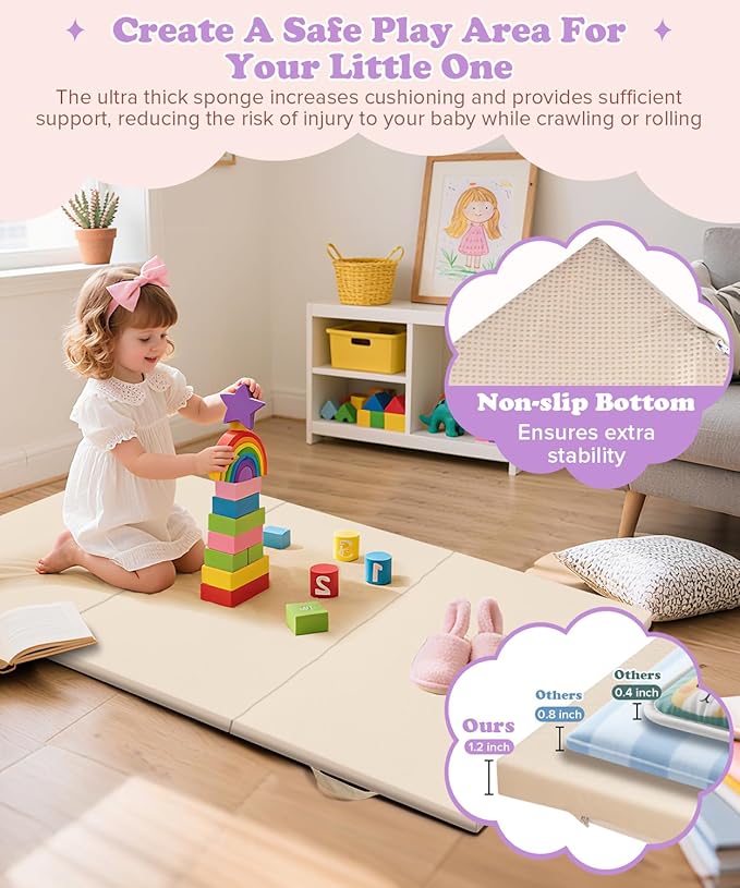 39X59Inch Travel Play Mat for Baby Trifold Thick | Soft Padded Foam Floor Mat for Kids Playroom | Foldable Samll Foam Playmat | Non-Slip Crawling Removable Cover Washable Crawling Playmat Infant