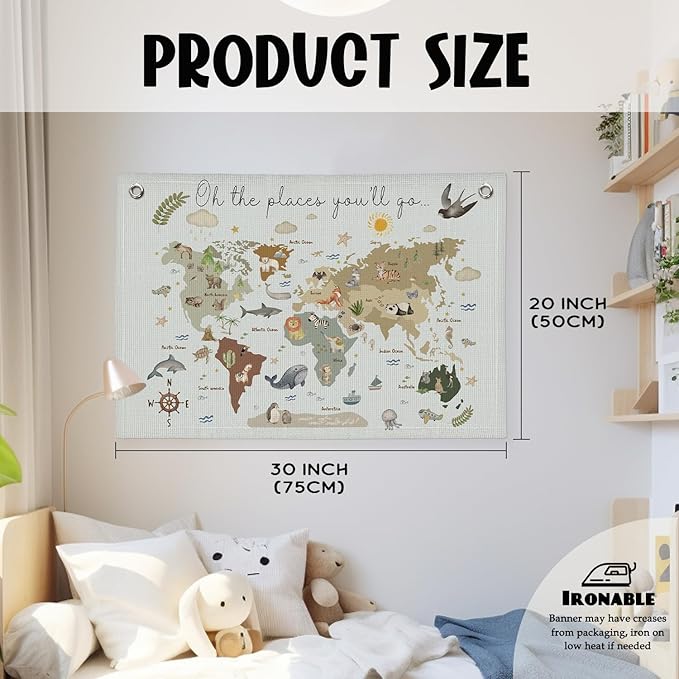 Wheatwin World Map Wall Art Banner for Kids 20x30, World Maps for Wall, World Map Cute Animal Educational Tapestry Wall Hanging Canvas Wall Decor Banner Flag Decor for Kids Room Playroom Classroom - Blue