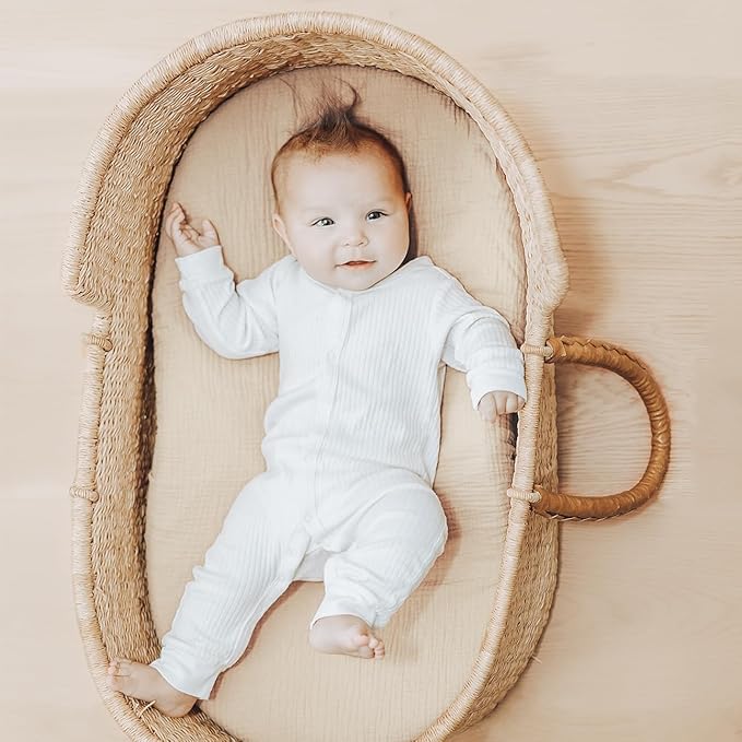 Konssy Muslin Bassinet Sheets for Baby Girl Boy, 2 Pack Soft Breathable Baby Bassinet Mattress Sheets Fit for Hourglass Oval Cradle, Moses Basket Rectangle Mattress (Blossom,Cream)