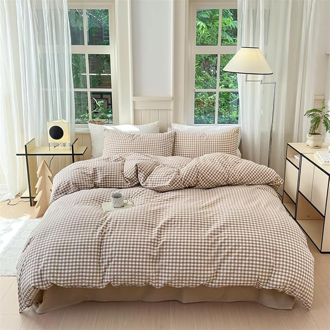 Nayoroom Brown Gingham Comforter Set Twin Size Tan Plaid Checkered Comforter 2 Pieces Soft Lightweight Grid Farmhouse Dorm Bedding Set for All Seasons