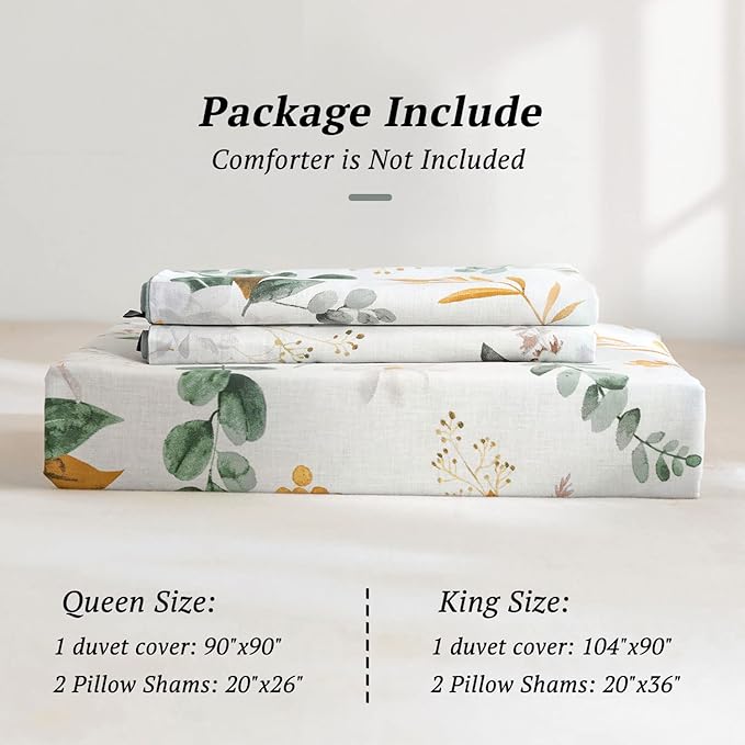 MILDLY Pattern Duvet Cover Set - 100% Washed Cotton Garden Floral Botanical Flower Leaves Bedding Set 3 Pieces Queen Size Linen Feel Breathable Comforter Cover with Zipper Ties