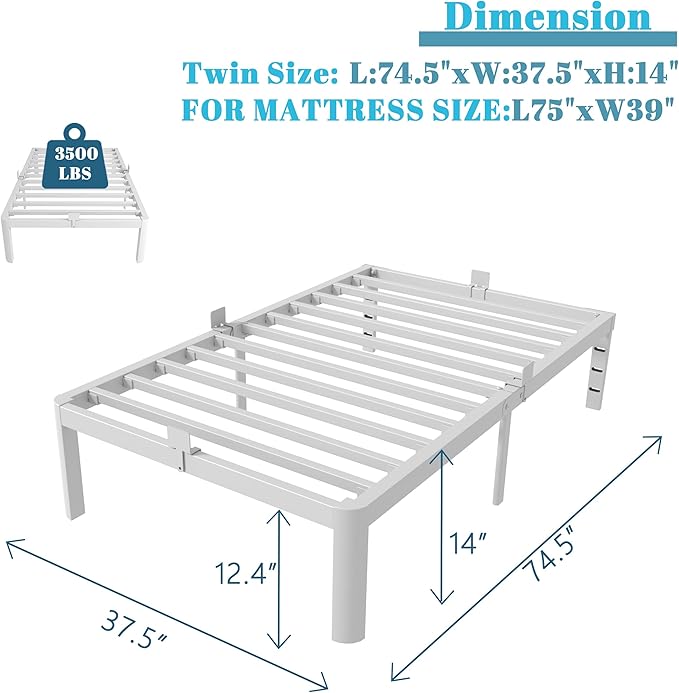 14 Inch Twin Bed Frames with Metal Gaskets, White Bed Frame Twin Size No Box Spring Needed, Heavy Duty Steel Platform Supprt, Rounded Corner Legs, Reserved Holes, Noise Free, Storage Space