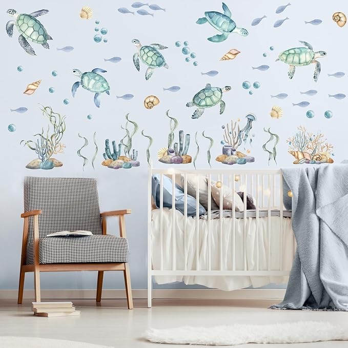 Watercolor Sea Turtle Wall Stickers, Sea Turtles Seaweed Coral Bubbles Vinyl Wall Decals, Removable Under The Sea Themed DIY Wall Art for Kids Bedroom Playroom Toddler Room Bathroom Decor