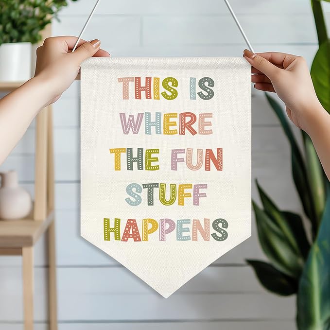 This Is Where the Fun Stuff Happens Banner,16"x11" Canvas Wall Hanging with Wooden Rod, Classroom Playroom Decor, Colorful Positive Quote Poster for Kids Room, Nursery, or Teacher Gifts (KD26)