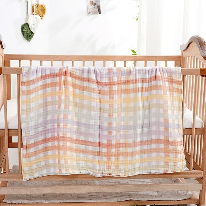 Muslin Swaddle Blankets 6-Layer Cotton Baby Blankets for Boys & Girls 43"X43"Inches Receiving Blankets,Soft Skin-Friendly Baby Crib Blanket,Breathable Quilt Bedspread(Rainbow Grid)
