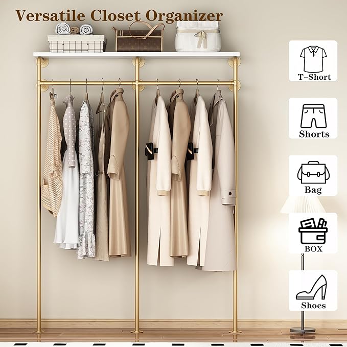 Industrial Pipe Clothing Rack, Wall Mounted Clothes Rack Gold Clothing Rack with Shelf Wardrobe Multi-Purpose Storage Clothes Hanging Shelf-59''L Gold