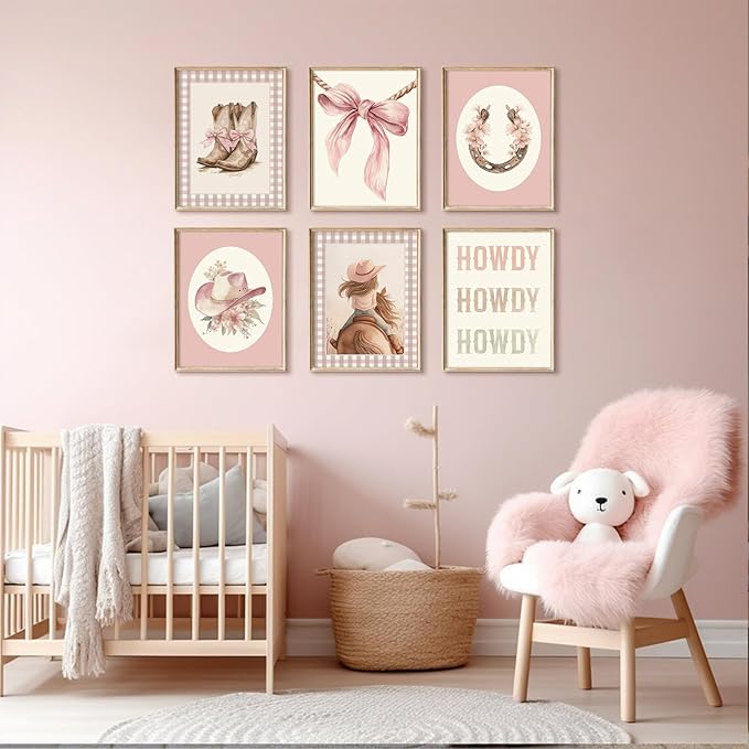 Western Cowgirl Nursery Wall Art Decor Vintage Girl Room Canvas Poster Pink Coquette Nursery Art Prints Preppy Aesthetic Pictures Bow Floral Boots Artwork for Girls Bedroom 8x10 Inch Unframed 6Pcs