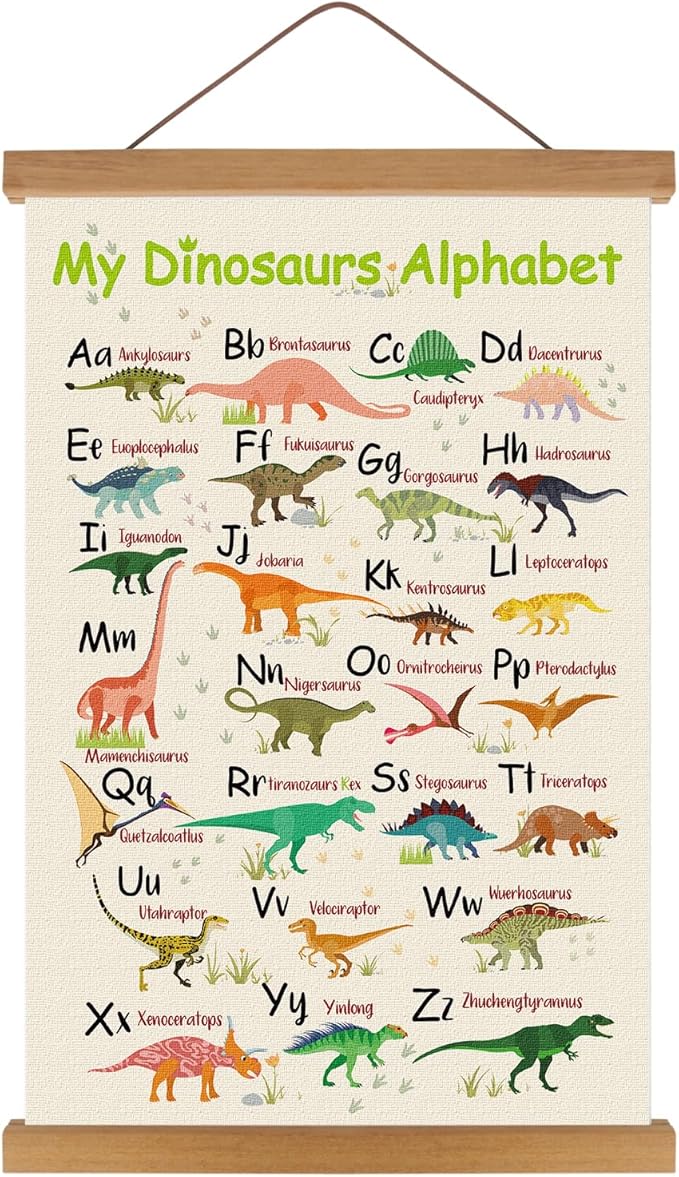 KARINE Dinosaurs Alphabet Poster,Animal ABC Learning Wall Art with Magnetic Hanging Frame(14”X22”) A TO Z Educational Poster,Dinosaur Alphabet Chart Hanger Gift for Kids Boys Playroom Classroom Decor