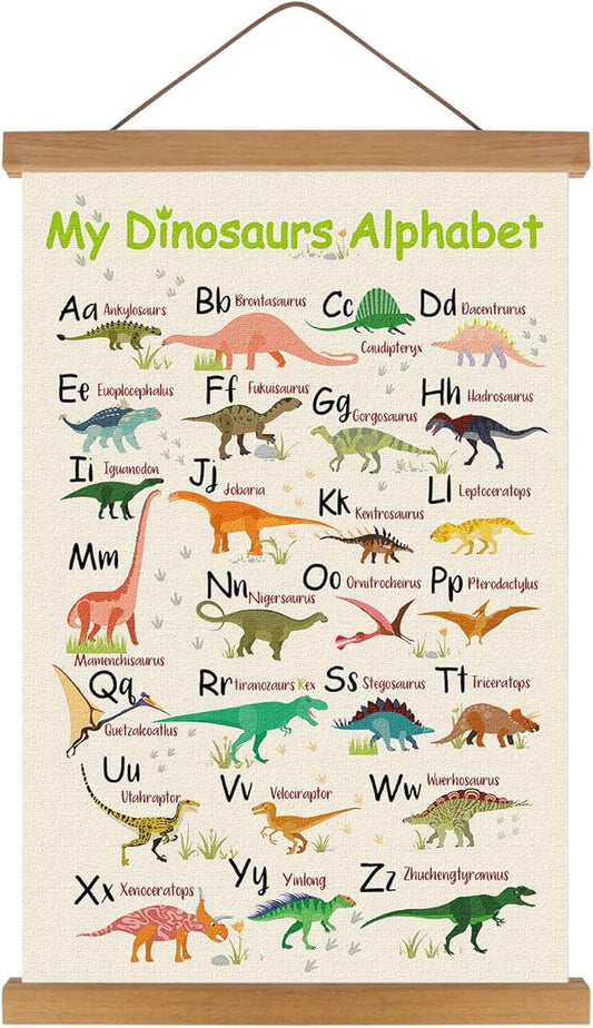KARINE Dinosaurs Alphabet Poster,Animal ABC Learning Wall Art with Magnetic Hanging Frame(14”X22”) A TO Z Educational Poster,Dinosaur Alphabet Chart Hanger Gift for Kids Boys Playroom Classroom Decor