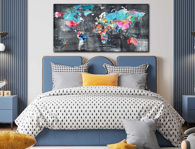 ZHAOSHOP Teal Wall-Art for Living Room - World Map Wall Decor - Large World Map for Wall Ready to Hang Size 59" x 29"…