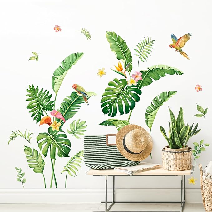 Tropical Plant Leaf Wall Decals, Palm Leaves Boho Spring Summer Green Tree Flower Birds Nature Monstera Wall Stickers Art Decor for Living Room Office Nursery Classroom Gifts for Mom