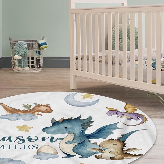 Custom Baby Crib Bedding Set,Personalized Name Blue Dinosaur Pattern Nursery Bed Set 4 Piece,Baby Blanket Fitted Sheet Nursery Rug Wall Art Set,Custom Room Decor Idea Gift for Newborns Boys Girls