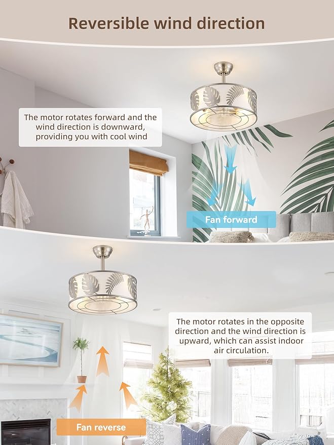 20" Silver Caged Ceiling Fans with Lights, Silver Fandelier Ceiling Fan with Light Remote Control, Bladeless Caged with 6 Speeds for Bedroom, Nursery, Living Room