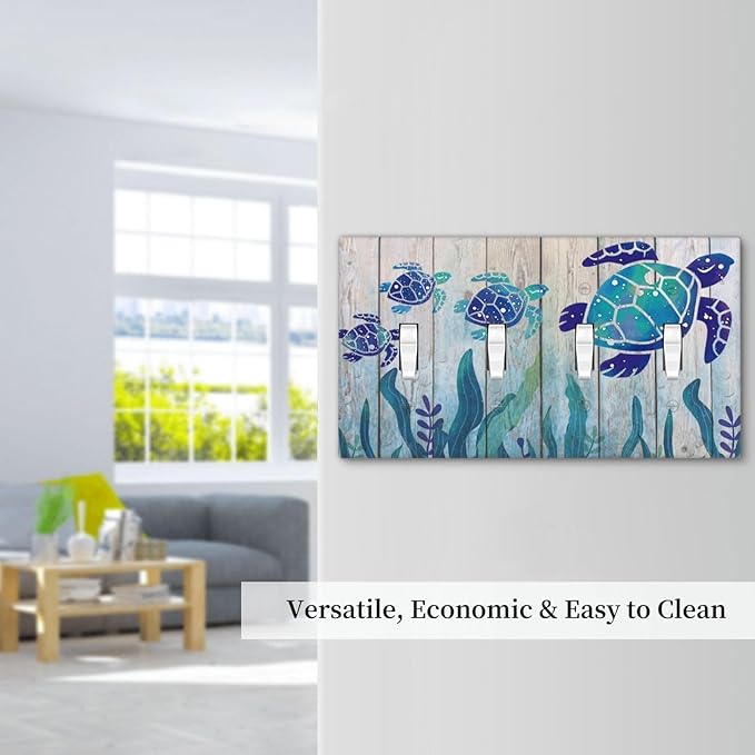 Sea Turtle Grass Seaweed on Rustic Wooden Board Quad Toggle Wall Plate Covers Decorative 4-Gang Wall Plates Ocean Grass Seaweed Electrical Switchplate for Bathroom Bedroom Kitchen Decor 4.5 X 8 In