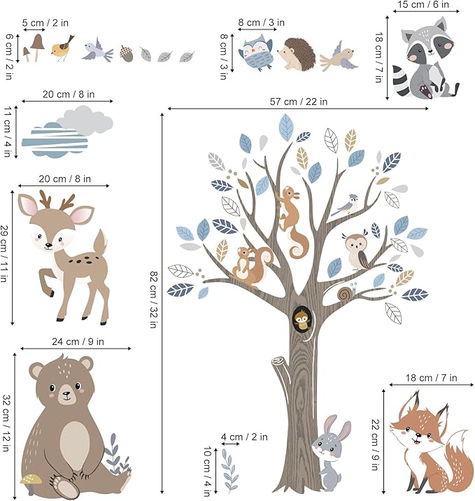 decalmile Boho Forest Animal Tree Wall Decals Bear Deer Fox Woodland Wall Stickers Baby Nursery Kids Bedroom Daycare Wall Decor