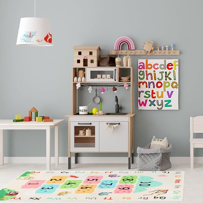 Soft Educational Kids Learning Rug Washable for Boys Girls Bedroom Play Room, Cute Numbers ABC Alphabets Hopscotch Rug for Classroom, Toddler Baby Nursery Carpet Playmat, Neutral 63"x31.5"
