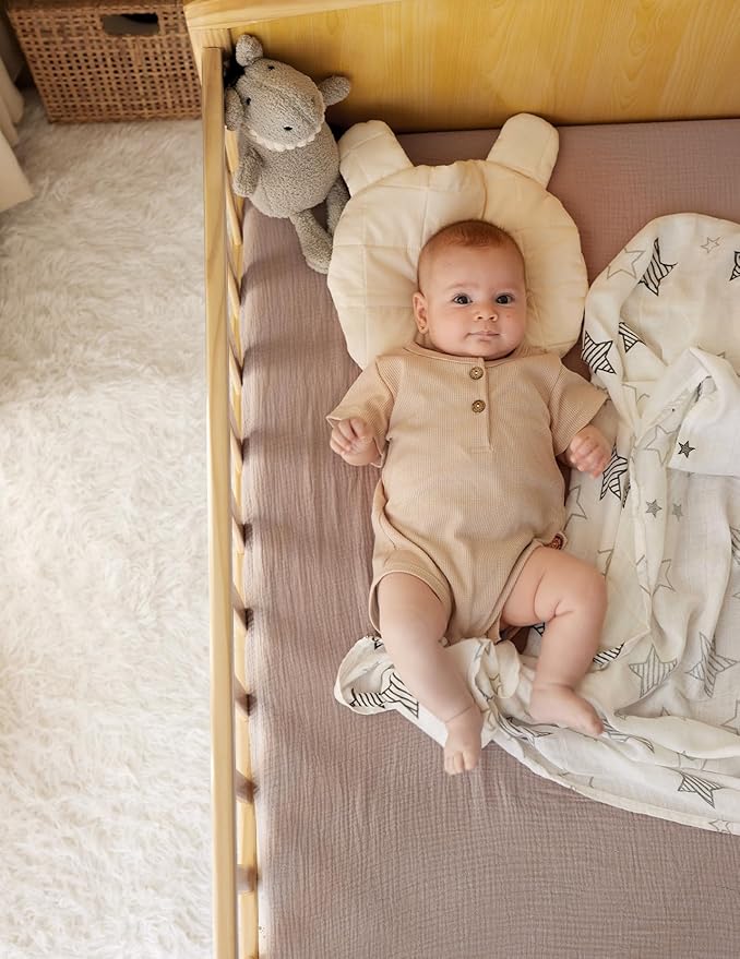 Momcozy Muslin Standard Fitted Crib Sheets, 52"x28", 2 Pack Soft Breathable Natural Cotton Baby Mattress Sheet, 360° Mattress Wrapping No Slip Boys Girls Neutral Toddler Bed Sheet, Beige Coffee Red