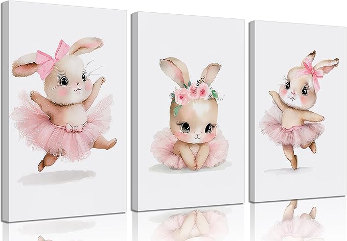 3 Pcs Pink Bunny Canvas Wall Art for Nursery Baby Room Cute Posters Prints Wall Decor Pictures Pink Preppy Dress Rabbit Ballet Paintings Artwork for Girls Room Bedroom Home Decoration