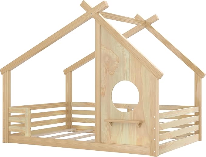 Polibi Full Size Floor Bed with House-Shaped Roof,Window and a Small Shelf, Solid Wood Low Profile Floor Bed for Kids, No Box Spring, Natural