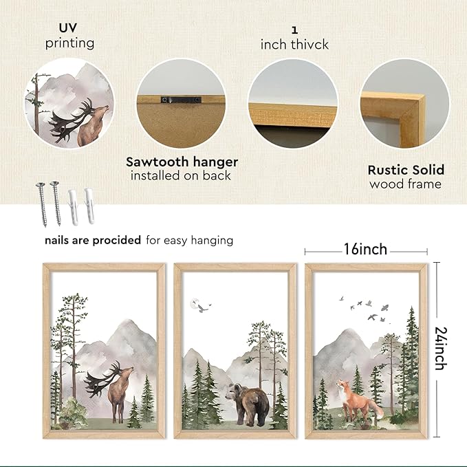 YWJKWLGS Wild Woodland Animals Nursery Wall Art Decor 16"×24" Set of 3 Jungle Theme Safari Forest Deer Bear Fox Posters Wood Framed Sign for Children's Boys Girls Room Watercolor Prints Hanging (Wood)