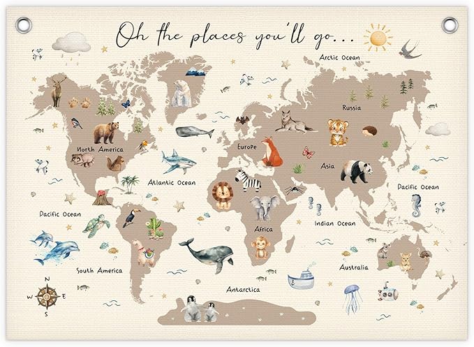 World Map Linen Banner, World Map Cute Animal Canvas Banner, Wall Hanging Banners Flags for Nursery Classroom Homeschool Playroom Bedroom -14