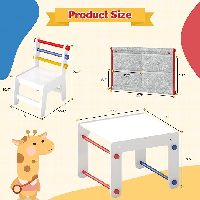 Kids Table and Chair Set 4-in-1 with Storage, Wooden Activity Table for Crafts, Arts, Drawing, Reading, Toddler Furniture for Playroom, Nursery, Gift for Boys & Girls (Age 3+)