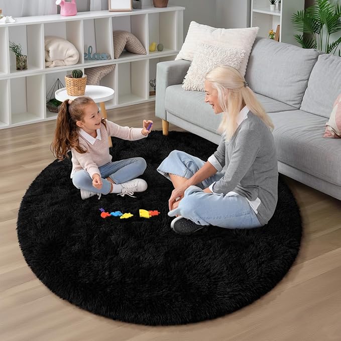 EVOIONOS Black Round Rug for Bedroom, 4x4 Ft Fluffy Soft Circle Area Rugs for Living Room, Plush Shaggy Circular Carpet for Indoor Floor Bedside Kids Nursery, Machine-Washable Home Decor Aesthetic
