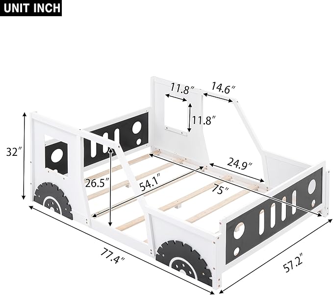 Full Size Classic Car-Shaped Platform Bed Frame for Boys Girls Kids Toddler with Wheels,White