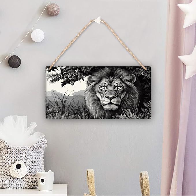Rustic Monochrome Lion Decor wood plaques for crafts12x6 Inch, Wood Wall Decor & Plaque for Bedroom, Entryway, Kitchen & Nursery, Nice Home Decor Wood Sign for Craft Lovers