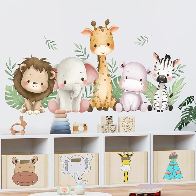 SHUCHING Watercolor Jungle Animal Wall Decals Peel and Stick, Vinyl Safari Giraffe Lion Elephant Wall Sticker, Wall Decor Art for Nursery Baby Playroom Kids Bedroom