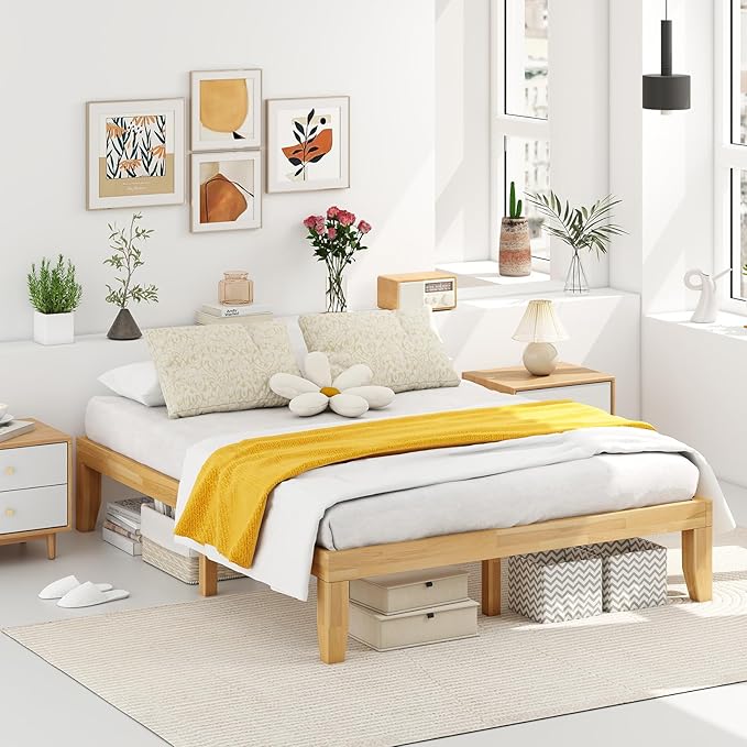 KOMFOTT 14 Inches Wood Platform Bed Frame Queen Size, Wooden Mattress Foundation with Rubber Wood Frame, Strong Wooden Slats Support, No Box Spring Needed, Bed Frame (Natural)