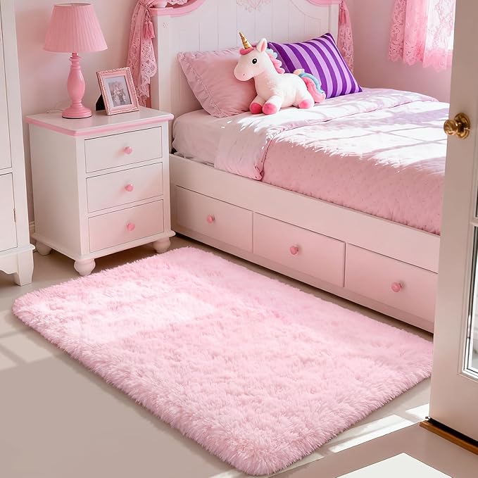 Merelax Soft Modern Indoor Shaggy Area Rug for Bedroom Livingroom Dorm Kids Room Home Decorative, Non-Slip Plush Fluffy Furry Fur Rugs Comfy Nursery Accent Floor Carpet 3x5 Feet, Pink