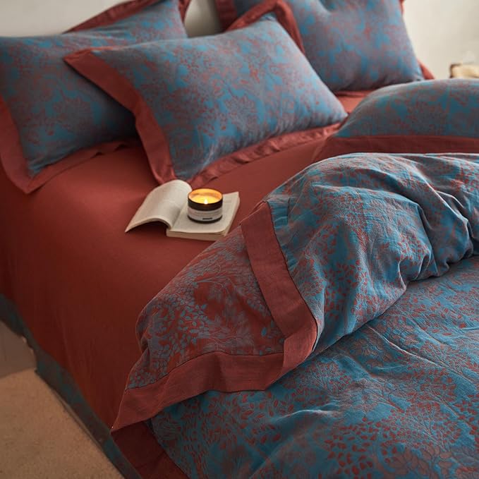 Blue Red Duvet Cover Full Forest Theme Retro Floral Duvet Cover Vintage Jacquard Bedding Set Premium Yarn-Dyed Cotton Linen Duvet Cover Botanical Tree Leaves Bedding Comforter Cover with Zipper Ties