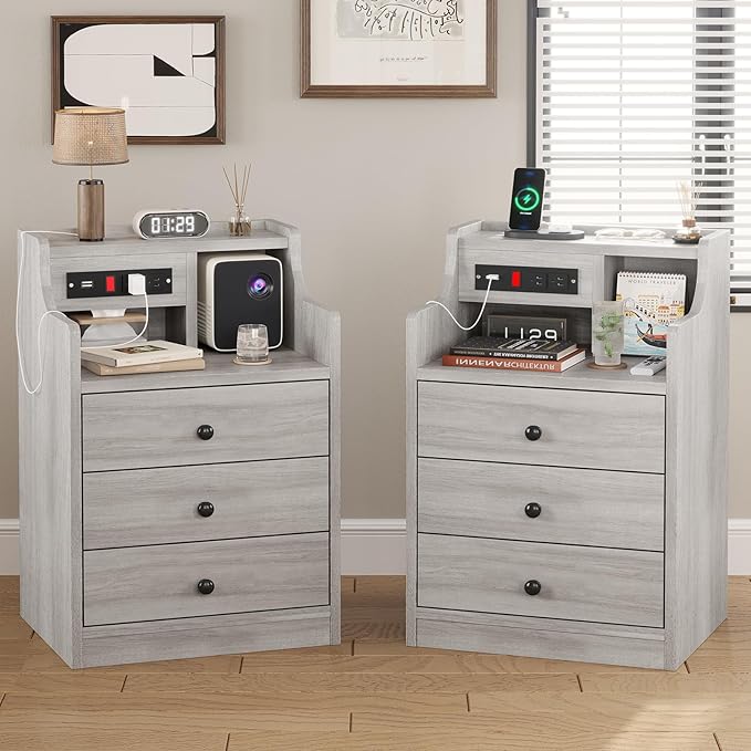 ADORNEVE Nightstand Set 2,Gray Nightstand with Charging Station & Hutch,Night Stands for Bedrooms Set of 2,Bedside Table with Drawers