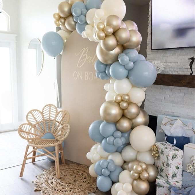 Dusty Blue and Gold Balloons, 60 PCS 12 Inch Slate Fog Pastel Baby Blue Sand White and Gold Balloons for Baby Boy Shower Bridal Shower Birthday Wedding Party Decorations