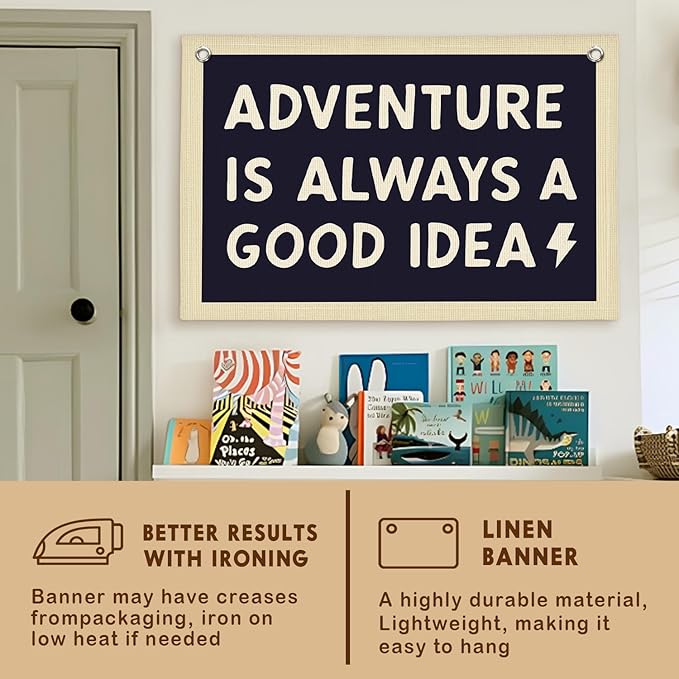 Lacama Boys Room Nursery Decor, Adventure Is Always A Good Idea Motivational Banner for Playroom, Nursery Hanging Linen Banner Wall Canvas Flag, Toddler Teen Room Dorm Decor 30x20 Inch