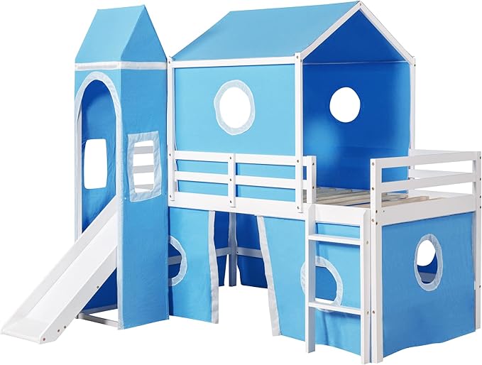 Playhouse Design Full Size Low Loft Bed with Slide & Tent and Tower, Solid Wood Tent Bed Frame for Kids Boys Girls, Versatile Spacious Under Bed Space with Curtains (Blue-TE)