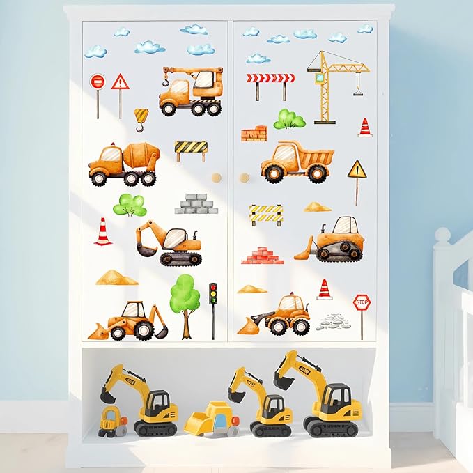 Car Truck Wall Decals Construction Vehicle Wall Stickers Cartoon Watercolor Car Tractor Stickers Peel and Stick Transportation Wall Decals for Kids Room Boys Bedroom Playroom Nursery Decor