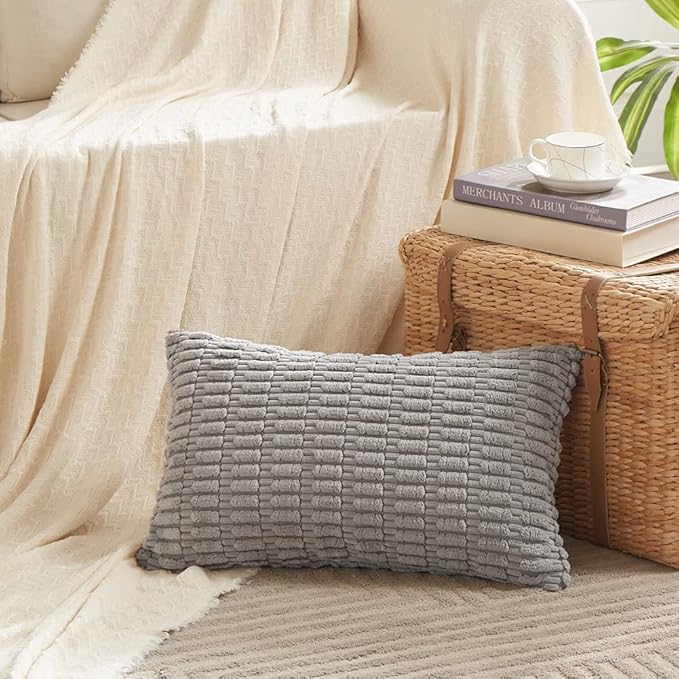 Fancy Homi 2 Packs Gray Lumbar Farmhouse Decorative Throw Pillow Covers 12x24 Inch for Living Room Couch Bed Sofa, Rustic Boho Home Decor, Soft Striped Corduroy Rectangle Cushion Case 30x60 cm